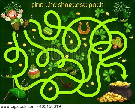 Kids Maze Game With St Patricks Day Leprechauns, Gold, Clover And Sweets. Vector Labyrinth Puzzle Fi