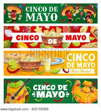 Cinco De Mayo Vector Jalapeno Chili Peppers In Sombrero Playing Music. Mexican Food Guacamole And Na