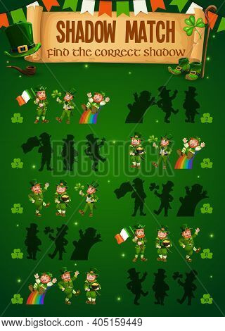 Kids Game Shadow Match With Leprechauns, Children Logic Activity, Preschool Or Kindergarten Educatio