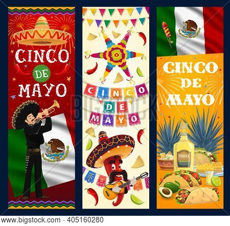 Cinco De Mayo Vector Banners. Cartoon Mariachi Musician With Trumpet, Jalapeno Chili Pepper In Sombr