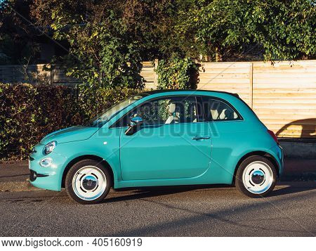 Paris, France - Oct 5, 2018: Side View Of New Fiat 500 Cinquecento Mini Turquoise Car Parked On The 