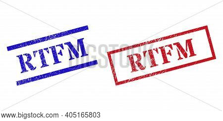 Grunge Rtfm Rubber Stamps In Red And Blue Colors. Stamps Have Rubber Texture. Vector Rubber Imitatio