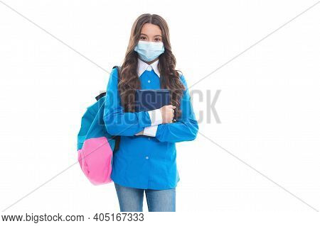 School Kid Cover Mouth And Nose With Protective Medical Face Mask Preventing Covid-19 Spread, Corona