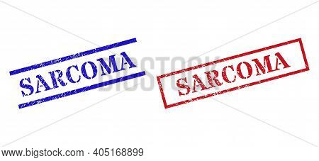 Grunge Sarcoma Rubber Stamps In Red And Blue Colors. Stamps Have Draft Style. Vector Rubber Imitatio