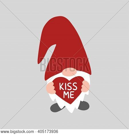 Valentine Gnome Isolated On White Background. Valentines Day Holiday Vector Illustration. Riss Me. C