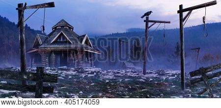 Horror Background Image Of Fantasy Witch House Standing On Evening Mountain Woods Land With Gallows,