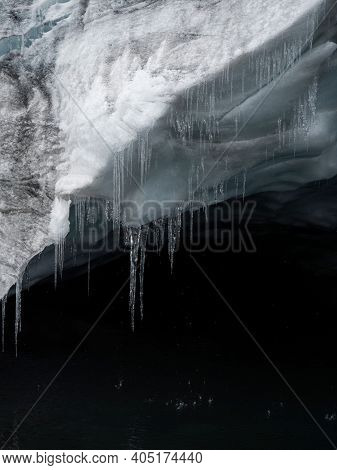 Closeup Detail Of Ice Crystal Icicle Melting Snow Water Drop At Pastoruri Glacier Cordillera Blanca 