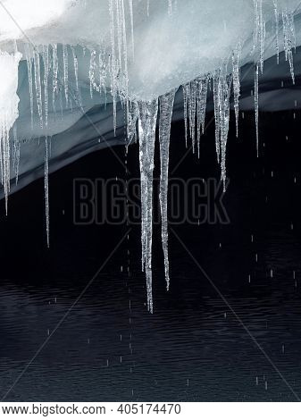 Closeup Detail Of Ice Crystal Icicle Melting Snow Water Drop At Pastoruri Glacier Cordillera Blanca 