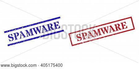 Grunge Spamware Rubber Stamps In Red And Blue Colors. Stamps Have Draft Style. Vector Rubber Imitati