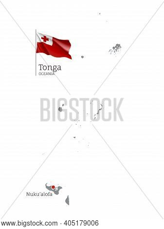 Silhouette Of Tonga Country Map. Gray Detailed Editable Map With Waving National Flag And Nukualofa 