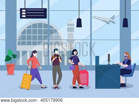 New Norma, Vector Illustration People In Masks Observe Social Distancing In The Interior Airport, Ch