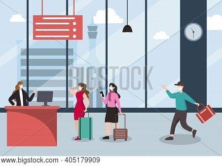 New Norma, Vector Illustration People In Masks Observe Social Distancing In The Interior Airport, Ch
