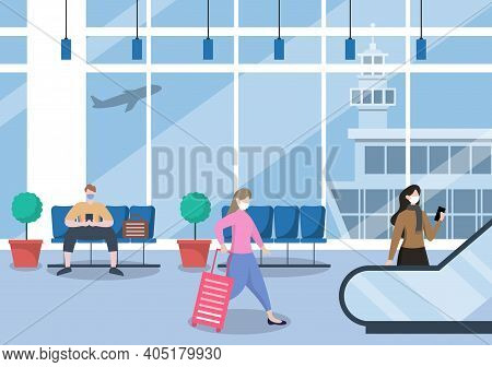New Norma, Vector Illustration People In Masks Standing On Escalator Airport Interior Terminal, Busi