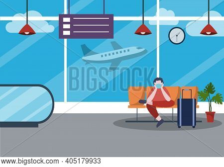 New Norma, Vector Illustration People In Masks Sitting In Airport Interior Terminal, Business Travel