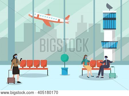 New Norma, Vector Illustration People In Masks Sitting In Airport Interior Terminal, Business Travel