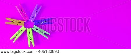 Banner Concept Of Mood-boosting Color, Multi-colored Wooden Multi-colored Clothespins In The Shape O