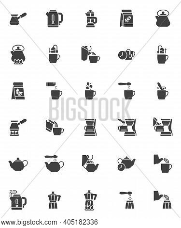 Brewing Tea And Coffee Instruction Vector Icons Set, Modern Solid Symbol Collection, Filled Style Pi