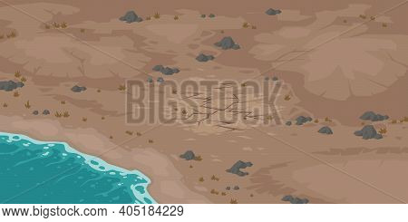 Sea Beach And Wasteland With Dry Cracked Soil. Vector Cartoon Landscape With Ocean Shore And Barren 