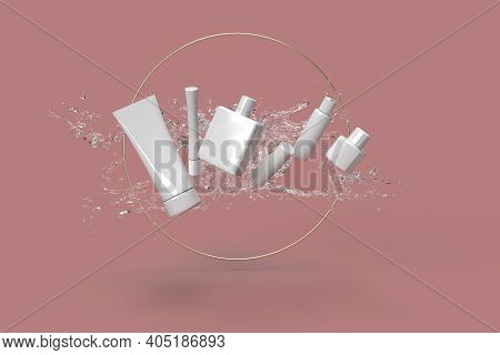 Cosmetics From Water Splash In Pink Background 3d Rendered
