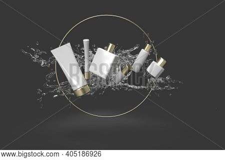 The Cosmetics From Water Splash In Black Background 3d Rendered