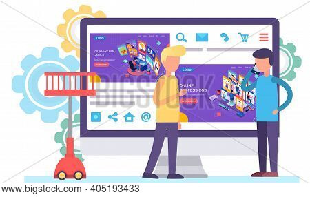 Online Professions Landing Page. Male Character Of Different Professions On Online. Activity Type Ap