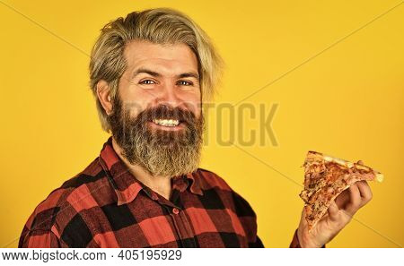 Pizza Delivery Service. Delivering Food To Apartment. Hungry Man Going To Eat Pizza Alone. Cheesy Ta