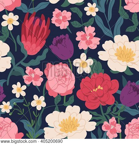 Gorgeous Seamless Pattern With Peony Roses, Tulips And Protea. Endless Floral Design With Gorgeous S