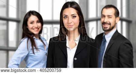Groupf of smiling business partners in a bright office