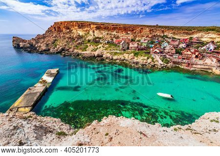 Malta, Il-mellieha. View Of Village Mellieha On A Sunny Day, Famous Travel Background.