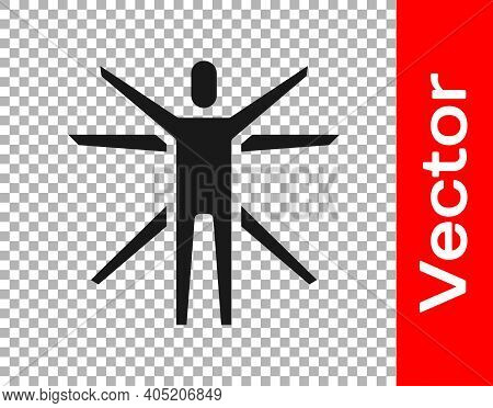 Black Vitruvian Man By Leonardo Da Vinci Icon Isolated On Transparent Background. Human Anatomy. Vec