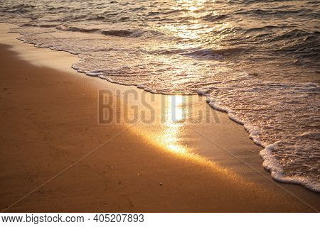 Overlight Sunset On Sea And Sand Beach At Coast. Miracle Outdoor Nature In Twilight. For Conceptual 
