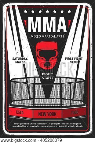 Mixed Martial Arts Tournament Grungy Flyer Or Poster. Illuminated With Searchlights Mma Octagon Cage