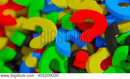 Business Question Concept. Colorful Question Marks Laying In A Stack With Focus On Single Red Questi