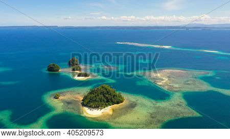 Aerial View Of Sandy Beach On A Tropical Island With Palm Trees. Britania Islands, Surigao Del Sur, 