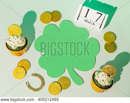 St.patricks Day With Lucky Symbols. Top View Of Saint Patricks Day Holiday With Green Paper Clover O