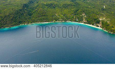 Tropical Sandy Beach And Clear Turquoise Water. Canibad Beach, Island Garden City Of Samal, Davao.