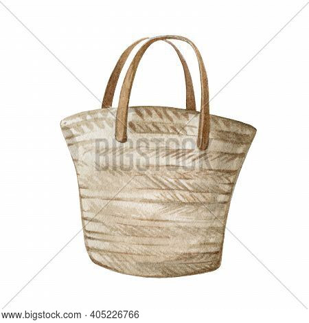 Wicker Summer Bag Watercolor Element. Hand Drawn Beach Empty Handbag On White Background. Lifestyle 