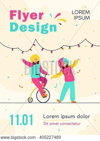 Happy Clowns Standing On Circus Arena Flat Vector Illustration. Cartoon Joker Characters Performing 