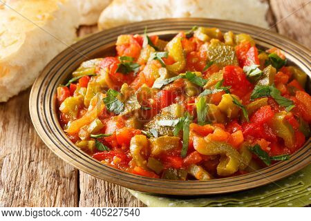 Taktouka Is A Simple Moroccan Cooked Salad Made With Tomatoes And Roasted Green Peppers Closeup Clos