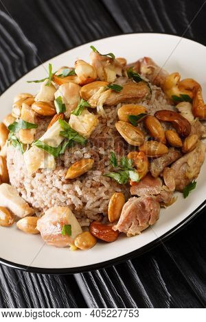Lebanese Spiced Ground Beef And Rice Are Served With Toasted Nuts And Shredded Juicy Chicken Closeup