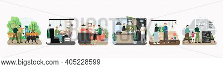 Happy Lgbt Gay Couple In Different Situations, Concept Vector Illustration. Homosexual Men Walking D