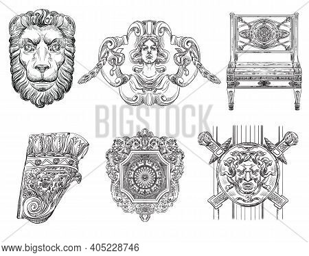 Hand Drawn Sketch Set Of Urban Decorative Architectural Elements Bas-relief, Decorative Grid. Vector