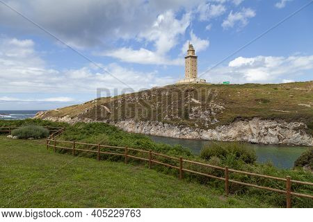Torre De Hercules In La Coruna, Lighthouse Built By The Ancient Roman Empire 2000 Years Ago, In A Se