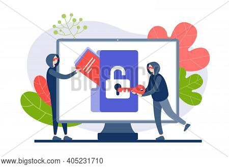 Hackers Hack And Steal Web Information Flat Vector Illustration. Characters In Hoods Open Virtual Pr