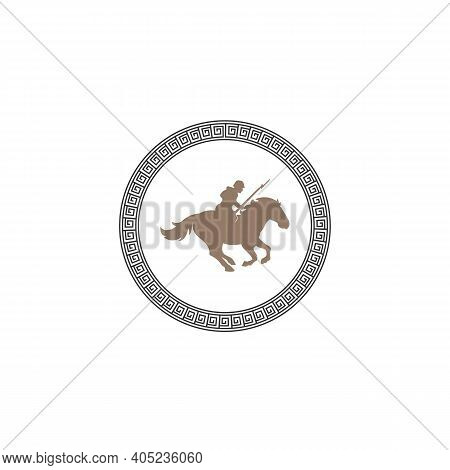 War Horses With Soldiers Carrying Weapons With Ancient Greek Circle Border Frame. Logo Design Vector
