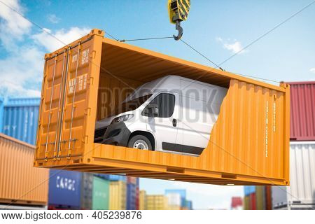 Car import export, transportation, shipment and delivery concept. Van inside of conteiner loading by crane. 3d illustration