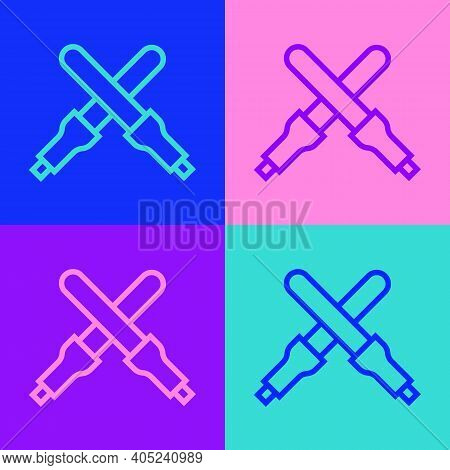 Pop Art Line Marshalling Wands For The Aircraft Icon Isolated On Color Background. Marshaller Commun