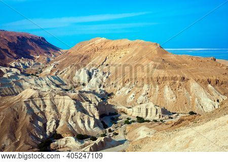 The magnificent gorge Ein Avdat is the Negev desert. Aerial view from above. The concept of active, environmental and photo tourism