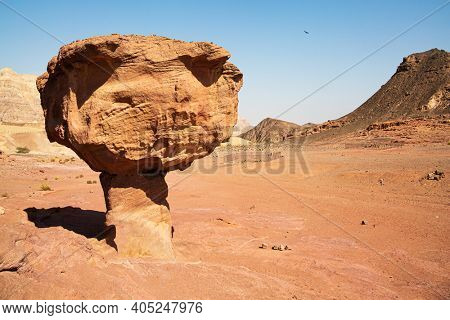 The Timna Valley is a depression located in the south of the Arava Desert, near the resort of Eilat. Red sandstone rock 
