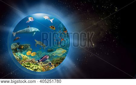 Conceptual Image Of World Ocean As A Planet Or Globe In Space. Environmental Protection Concept. Und